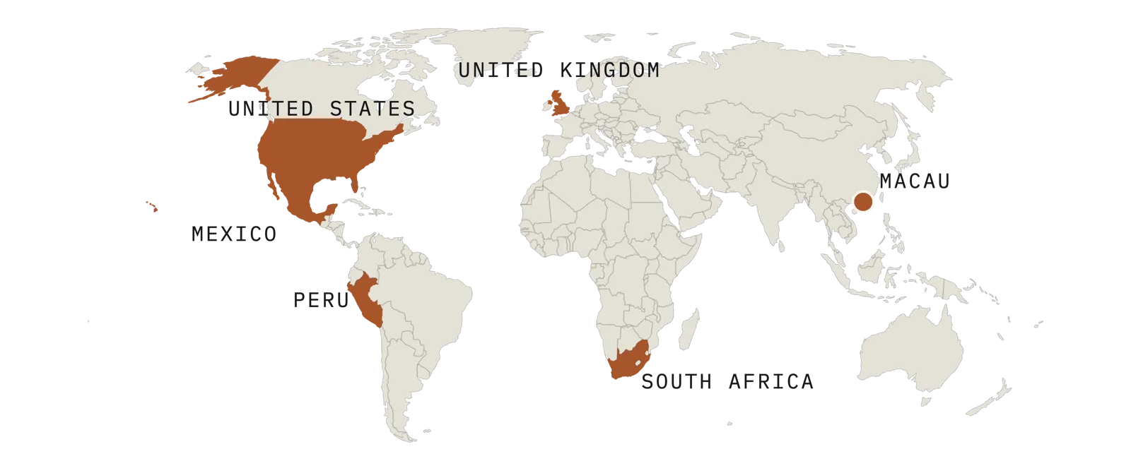 World map showing engagement locations in the United States, Mexico, Peru, the United Kingdom, South Africa, and Macau